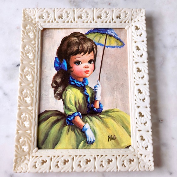 Vintage Maio Print Big Eyes Brunette Girl w/ Parasol Dime Store Art Frame 8x10 - Picture 1 of 4